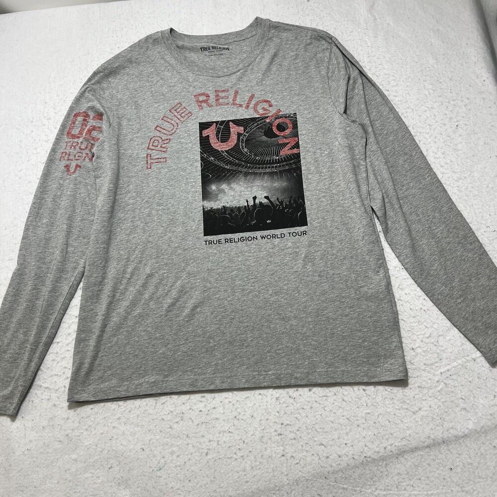 True Religion Men's XL World Tour #02 Long Sleeve Crewneck Graphic T Shirt Logo